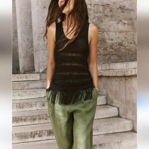 ZARA Open Weave Fringed Black Boho Sleeveless Knit Top NWT